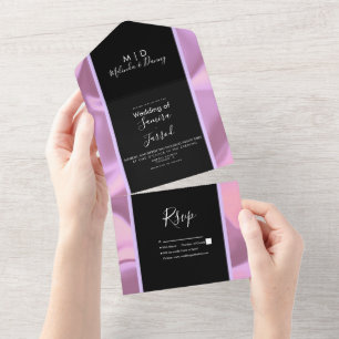 Invitación Todo En Uno Boda rosa moderna de papel de aluminio negro brill