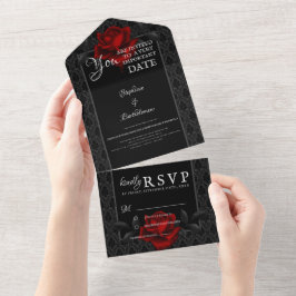 Invitación Todo En Uno Boda Rosa Negra Damasco Gótico