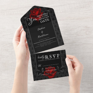 Invitación Todo En Uno Boda Rosa Negra Damasco Gótico
