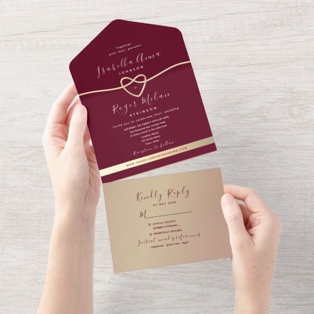 Invitación Todo En Uno Boda Rosa Oro y Burgundy (desgarro)