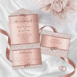 Invitación Todo En Uno Boda Rosa Purpurina elegante de oro Damask