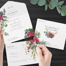 Invitación Todo En Uno Boda Rosa Roja y Eucalyptus