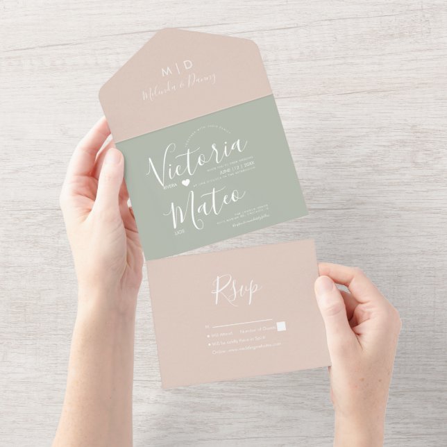 Invitación Todo En Uno Boda rosa Rubor Sage de guión moderno (desgarro)