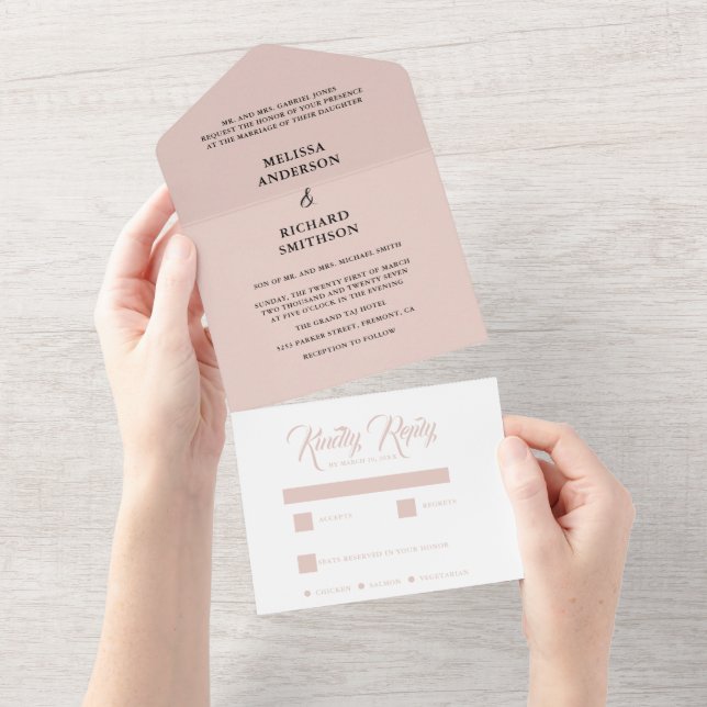 Invitación Todo En Uno Boda Rosa Y Negro De Rubor Ligero Mínimo (desgarro)