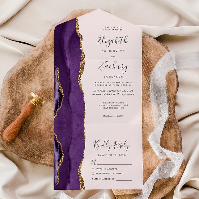 Invitación Todo En Uno Boda rosado de Rubor Purple Gold Agate (Subido por el creador)