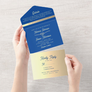 Invitación Todo En Uno Boda Royal Blue Gold