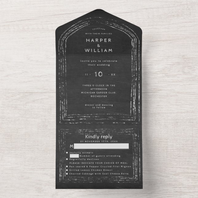 Invitación Todo En Uno Boda rsvp adjunto a pizarra negra rusa (Interior)