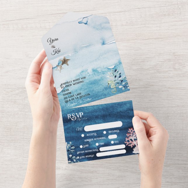 Invitación Todo En Uno Boda RSVP Complete Rustic Ocean (desgarro)