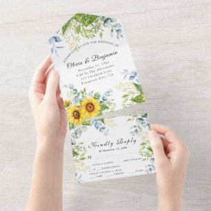 Invitación Todo En Uno Boda RSVP de caligrafía de vegetación de girasol r