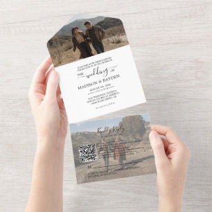 Invitación Todo En Uno Boda RSVP de código QR blanco negro minimalista