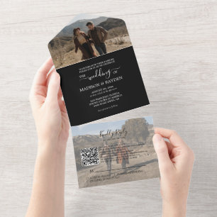 Invitación Todo En Uno Boda RSVP de código QR blanco negro minimalista
