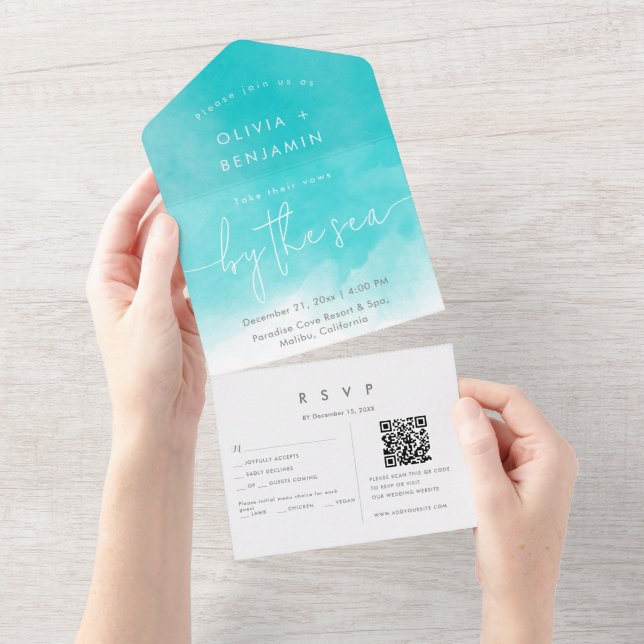Invitación Todo En Uno Boda RSVP de código QR de destino de playa costera (desgarro)