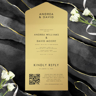 Invitación Todo En Uno Boda RSVP de código QR Minimalista de oro moderno