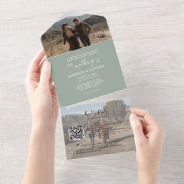 Invitación Todo En Uno Boda RSVP de código QR verde de sabio minimalista