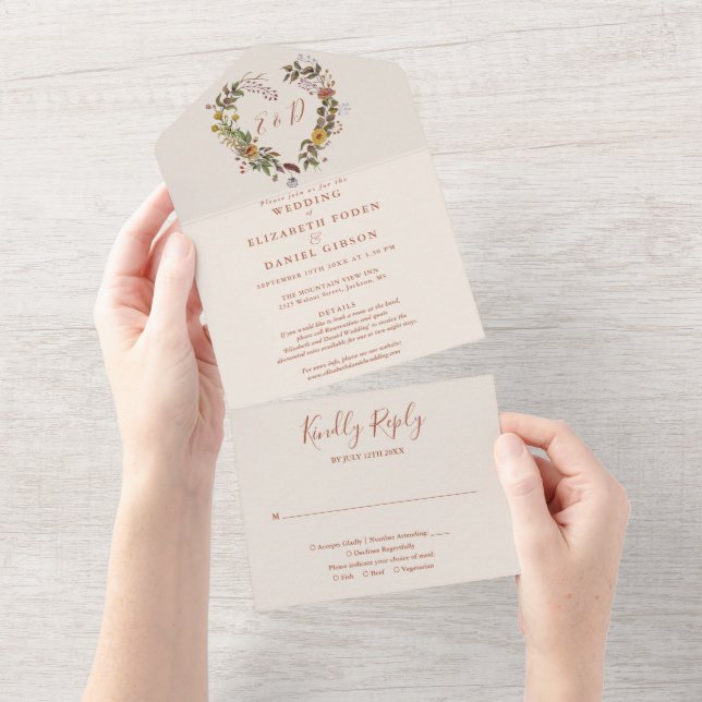 Invitación Todo En Uno Boda RSVP de detalles florales rusos en otoño (desgarro)