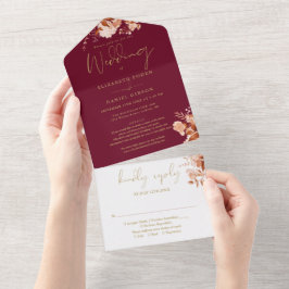 Invitación Todo En Uno Boda RSVP De Floral De Borgoña Y Oro