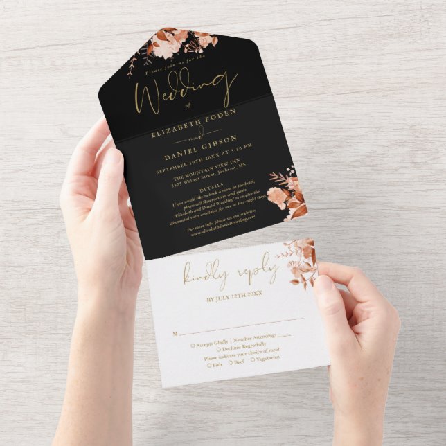 Invitación Todo En Uno Boda RSVP De Floral Negra Y Oro (desgarro)