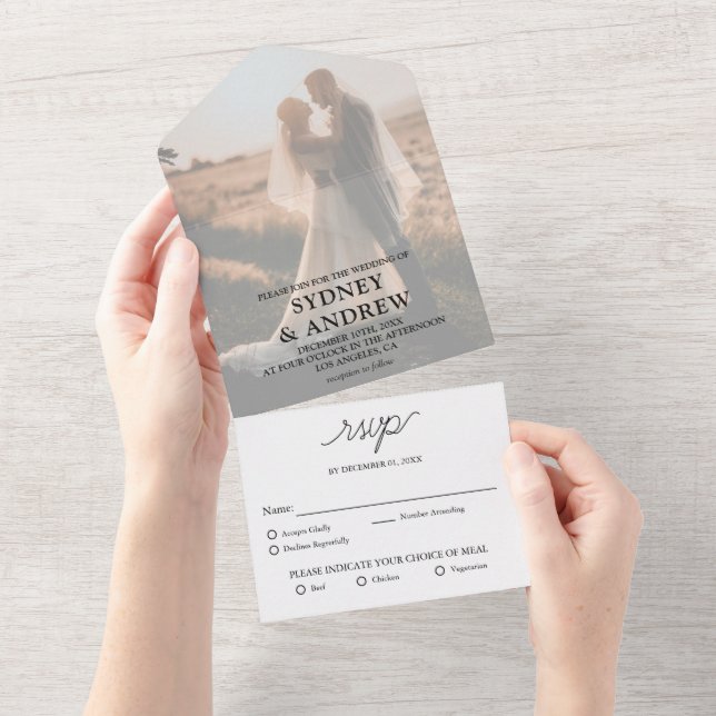 Invitación Todo En Uno Boda RSVP de fotografía blanca elegante y moderna (desgarro)