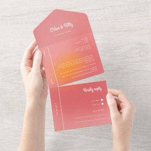 Invitación Todo En Uno Boda RSVP de Naranja rosa de degradado retro moder