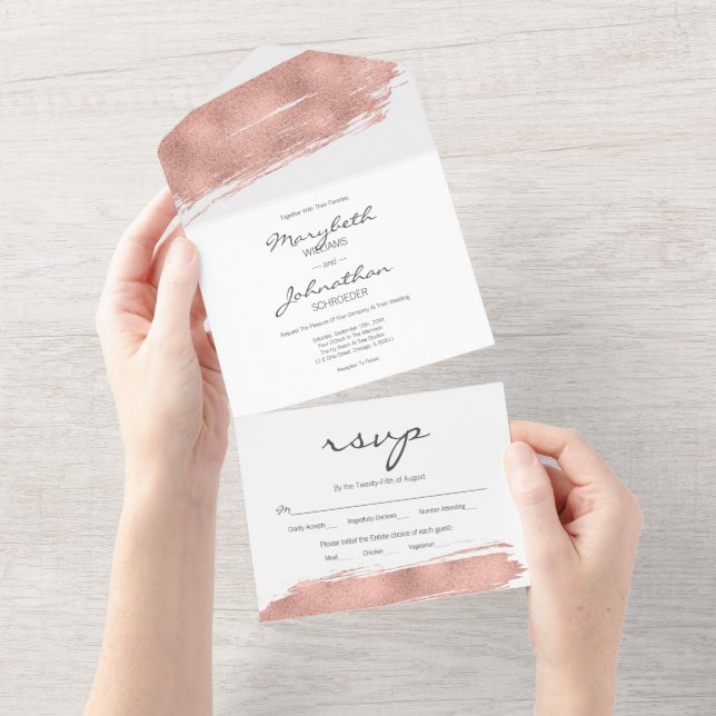 Invitación Todo En Uno Boda RSVP de pincel de oro Rosa moderno (desgarro)