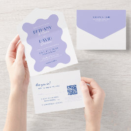 Invitación Todo En Uno Boda RSVP del código QR de Lavender y Ola Azul