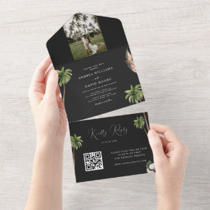 Invitación Todo En Uno Boda RSVP del código QR del árbol de palmas tropic
