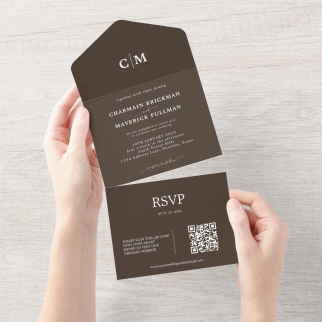 Invitación Todo En Uno Boda RSVP del código QR del monograma oscuro de no (desgarro)