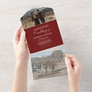 Invitación Todo En Uno Boda RSVP del código QR rojo de Borgoña minimalist