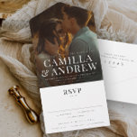 Invitación Todo En Uno Boda RSVP moderno elegante de fotografía<br><div class="desc">Un superpuesto moderno con nombres grandes y una foto con todas las imágenes son las características de todo esto en una invitación a la boda con tarjeta de respuesta desgarradora.</div>