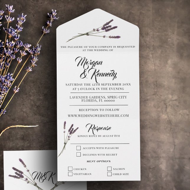 Invitación Todo En Uno Boda RSVP Sprig Sprig (A lovely lavender all in one wedding invitation with attached RSVP waiting for your wedding details)