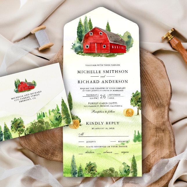 Invitación Todo En Uno Boda rural rural de color acuático rojo Barn (Subido por el creador)