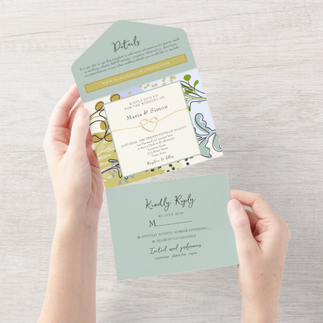 Invitación Todo En Uno Boda ruso Boho Sage amarillo (desgarro)