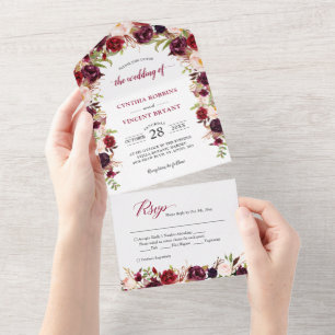 Invitación Todo En Uno Boda ruso de floral roja borgoñona (no se necesita