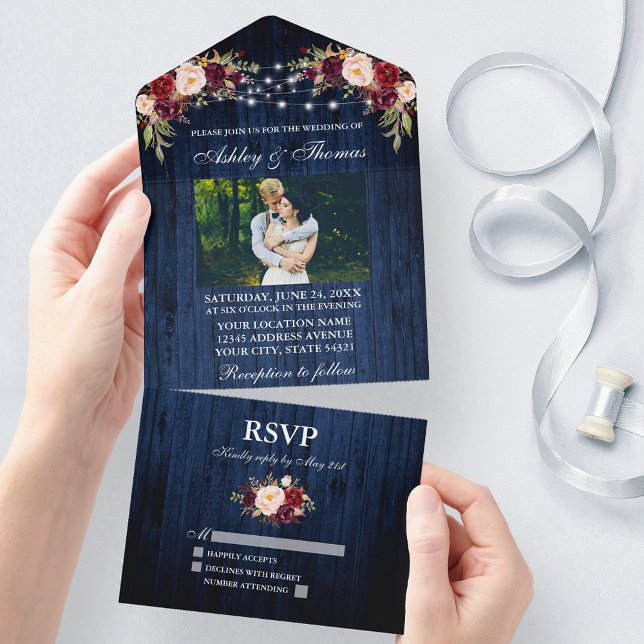 Invitación Todo En Uno Boda ruso Floral Blue Wood Light Photo (All In One Wedding Invitation with tear off RSVP Card)