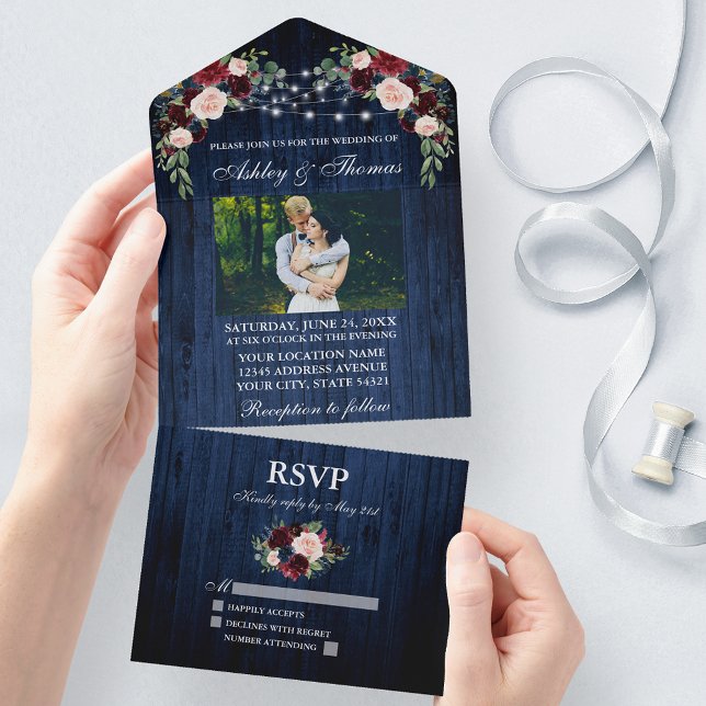 Invitación Todo En Uno Boda ruso Floral Blue Wood Light Photo (All In One Wedding Invitation with tear off RSVP Card)