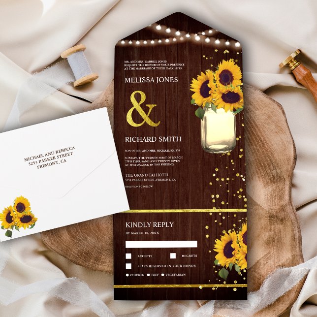 Invitación Todo En Uno Boda Rustic Barn Wood Boho Mason Jar Sunflowers (Subido por el creador)