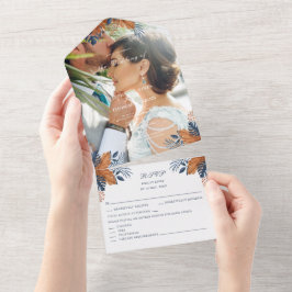 Invitación Todo En Uno Boda Rustic Midnight Blue Monstera