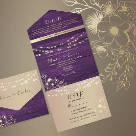 Invitación Todo En Uno Boda Rustic Purple String Lights