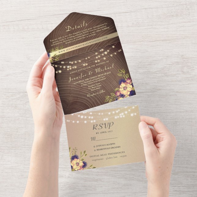 Invitación Todo En Uno Boda Rustic Wood and String Lights (desgarro)