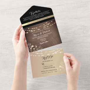 Invitación Todo En Uno Boda Rustic Wood and String Lights