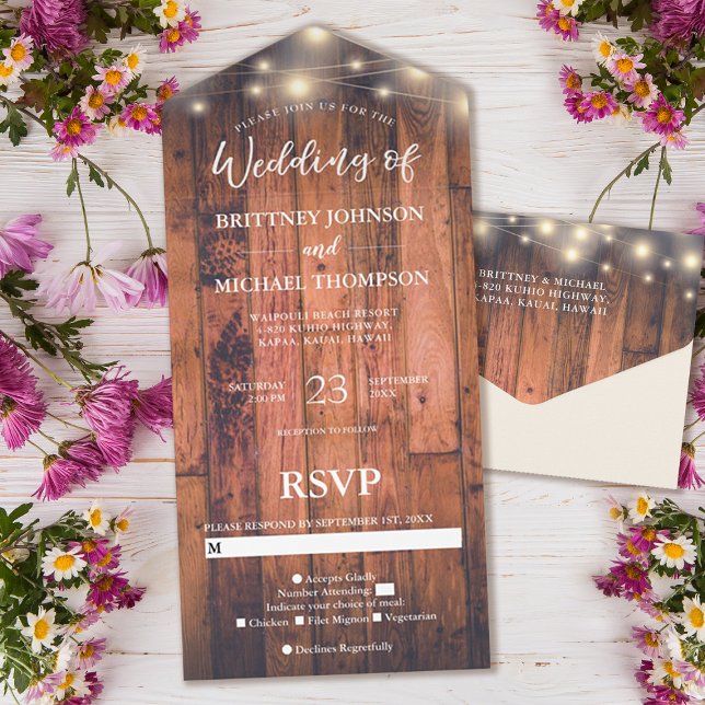 Invitación Todo En Uno Boda Rustic Wood String Lights (Subido por el creador)