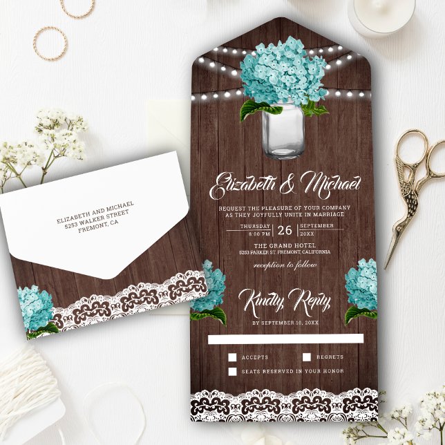 Invitación Todo En Uno Boda Rustic Wood Verde azulada Hydrangea Mason Jar (Subido por el creador)