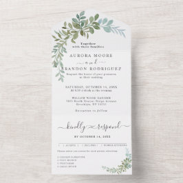 Invitación Todo En Uno Boda Rústica Acuarela de Eucalipto Verde Suave
