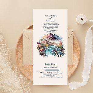 Invitación Todo En Uno Boda Rústica Boho Acuarela Montaña Todo En Uno