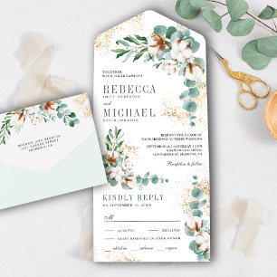 Invitación Todo En Uno Boda Rústica Boho Algodón Oro Rama de Eucalipto