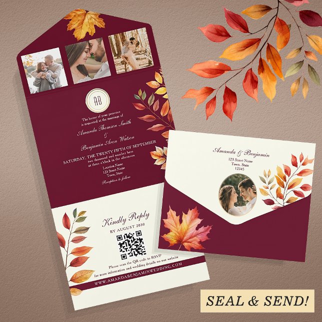 Invitación Todo En Uno Boda Rústica Boho Borgoña de Otoño  (Subido por el creador)