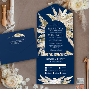 Invitación Todo En Uno Boda Rústica Boho con Arco de Pampas y Azul Marino