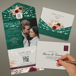 Invitación Todo En Uno Boda Rústica Boho con Tonos Esmeralda Intensa