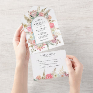 Invitación Todo En Uno Boda Rústica Boho de Floral Rosa Claro con Pampas