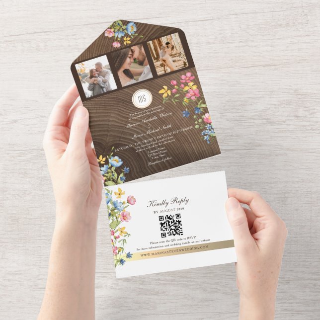 Invitación Todo En Uno Boda Rústica Boho de Flores Silvestres del Bosque (desgarro)